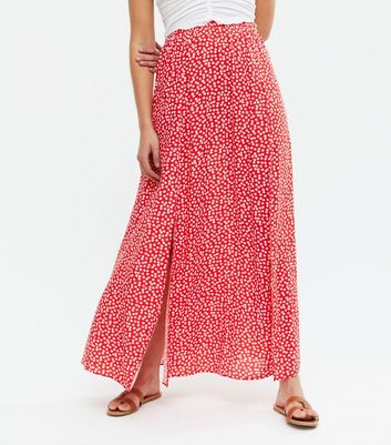 Red Ditsy Floral Side Split Maxi Skirt ...